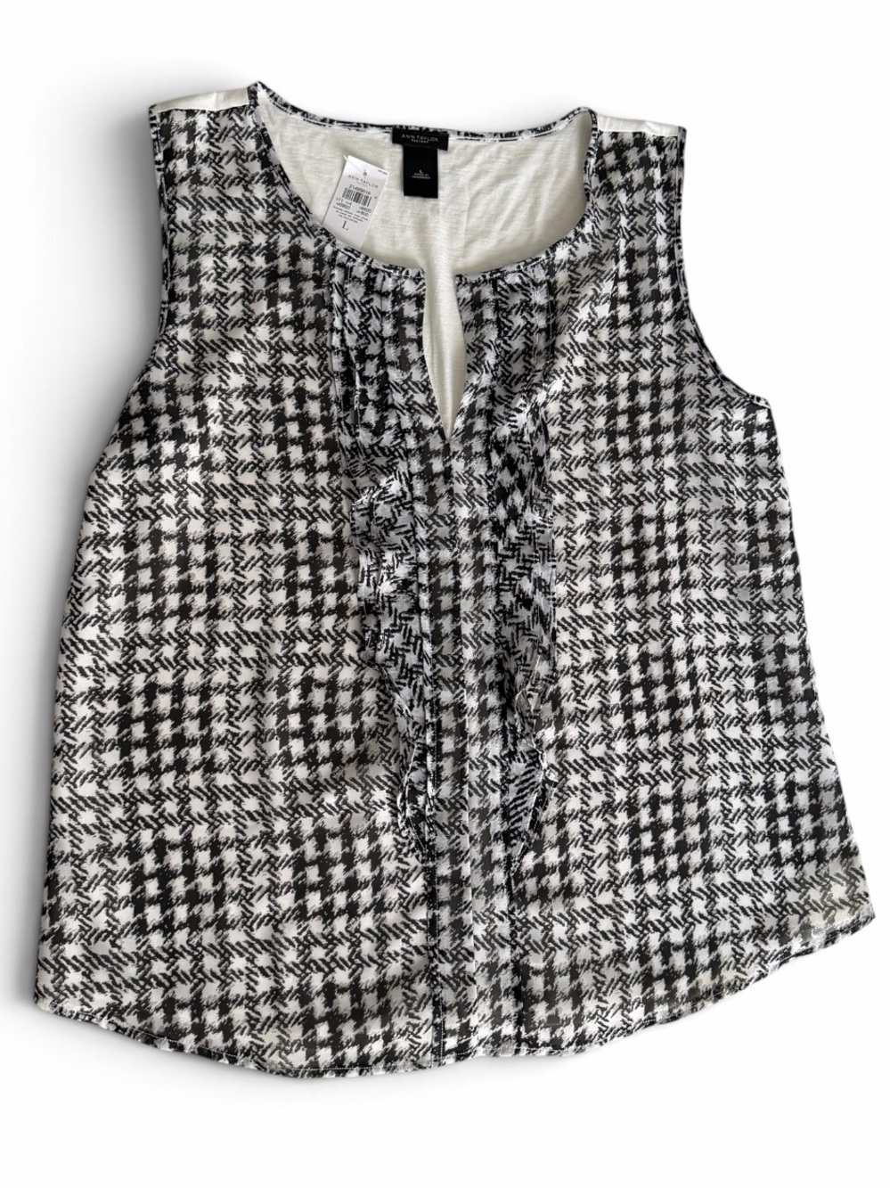 Ann Taylor Factory Black and White Houndstooth Ruffle Sleeveless Top